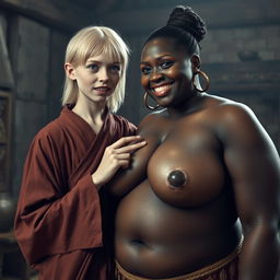 In a medieval room, a young blonde woman, short and emaciated with rotten teeth and blue eyes, wearing a long, closed Buddhist robe, her medium-length hair parted, adorned with medieval earrings