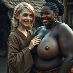 In a medieval village, a young blonde woman, short and emaciated with rotten teeth and blue eyes, dressed in a long, closed Buddhist robe, her medium-length hair parted and adorned with medieval earrings