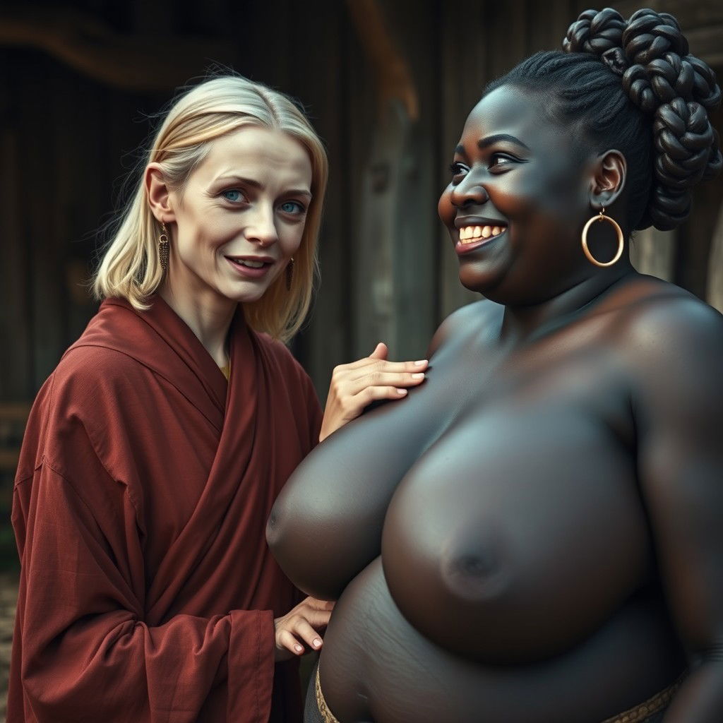 In a medieval village, a young blonde woman, short and emaciated with rotten teeth and blue eyes, dressed in a long, closed Buddhist robe, her medium-length hair parted and adorned with medieval earrings