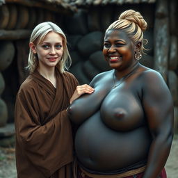 In a medieval village, a young blonde woman, short and emaciated with rotten teeth and blue eyes, dressed in a long, closed Buddhist robe, her medium-length hair parted and adorned with medieval earrings