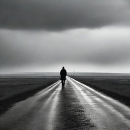 A solitary man standing in the middle of a desolate road with an aura of melancholy