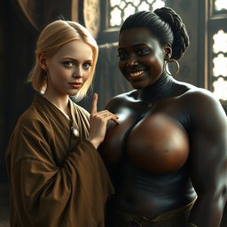 In a medieval room, a young, petite, and undernourished blonde woman with rotten teeth and striking blue eyes is wearing a long, closed Buddhist robe