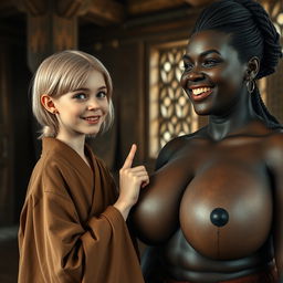 In a medieval room, a young, petite, and undernourished blonde woman with rotten teeth and striking blue eyes is wearing a long, closed Buddhist robe