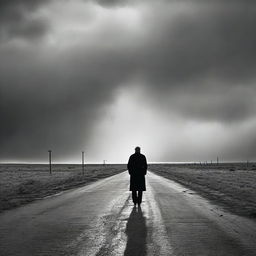 A solitary man standing in the middle of a desolate road with an aura of melancholy