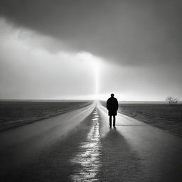 A solitary man standing in the middle of a desolate road with an aura of melancholy