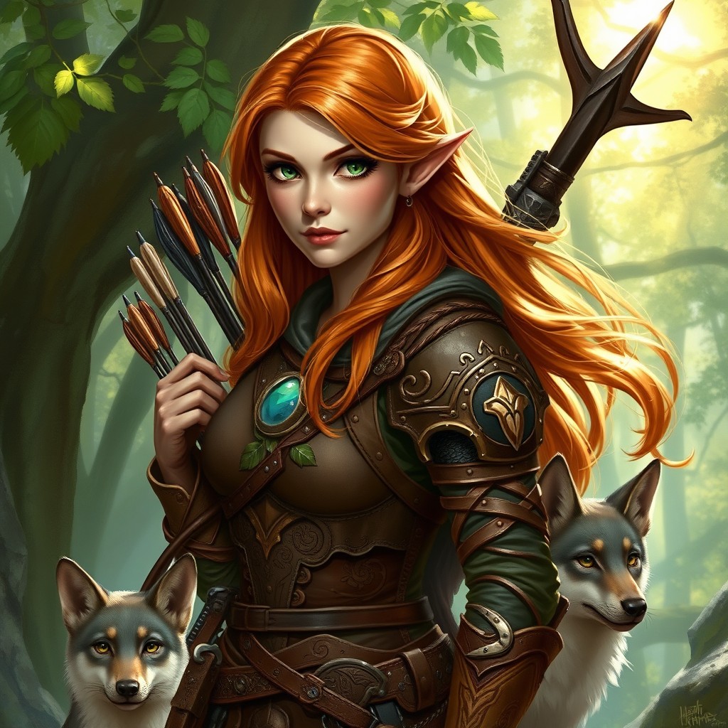 A fantasy Dungeons and Dragons character, a heroic half-elf ranger with striking green eyes and long flowing auburn hair
