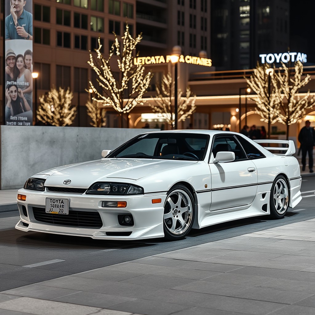ЭлегантныйToyota Soarer JJZ30, стоящий на фоне городского пейзажа, который подчеркивает его спортивные и стильные линии
