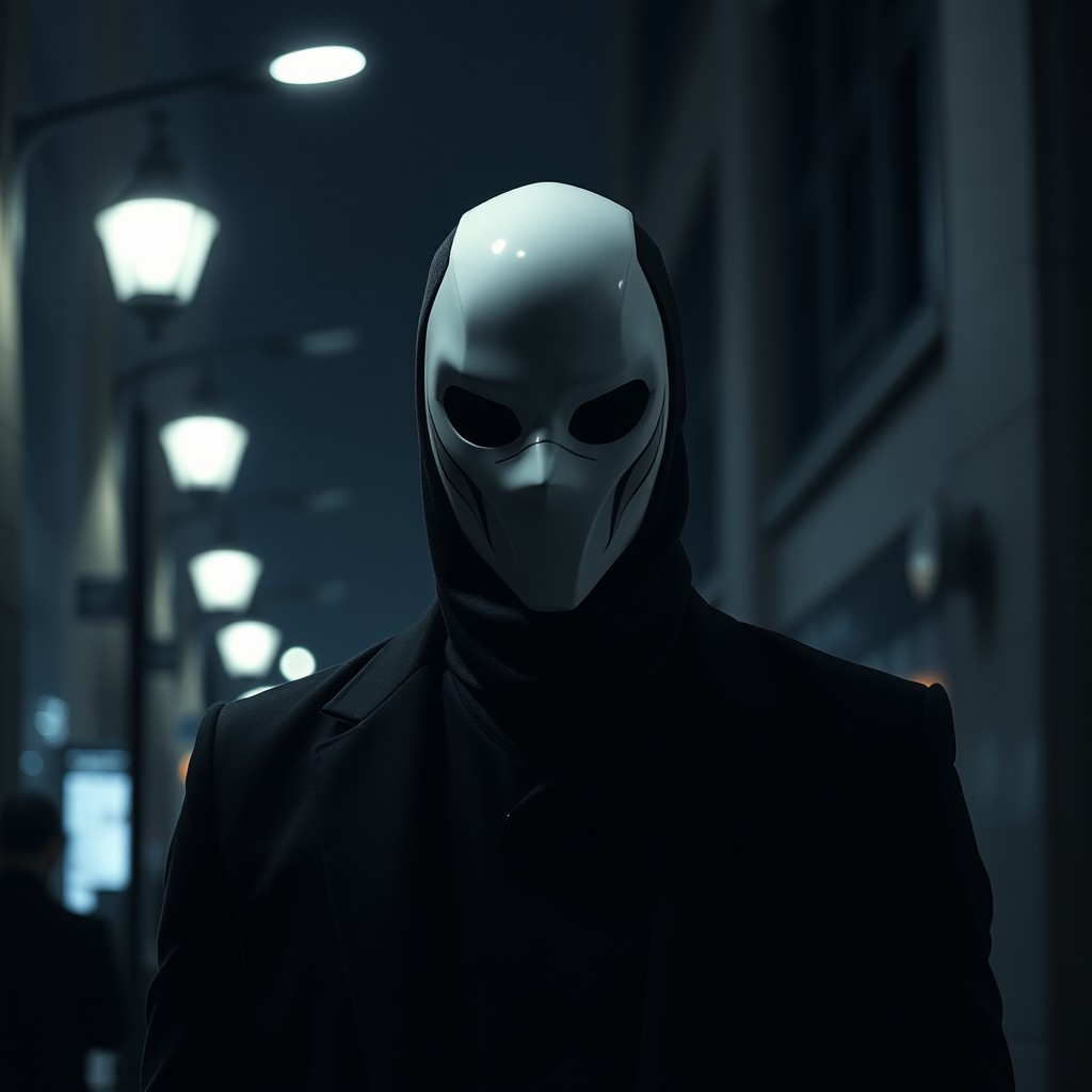 A mysterious human figure wearing a sleek, modern white mask that obscures their facial features, creating an enigmatic aura