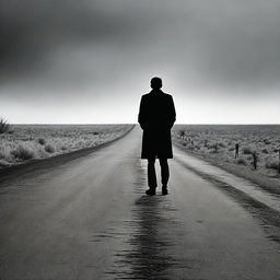 A solitary man standing in the middle of a desolate road with an aura of melancholy