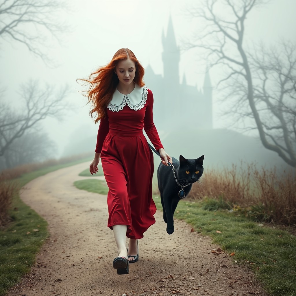 A woman walking quickly along a winding path, leaving behind a ghostly castle in the background