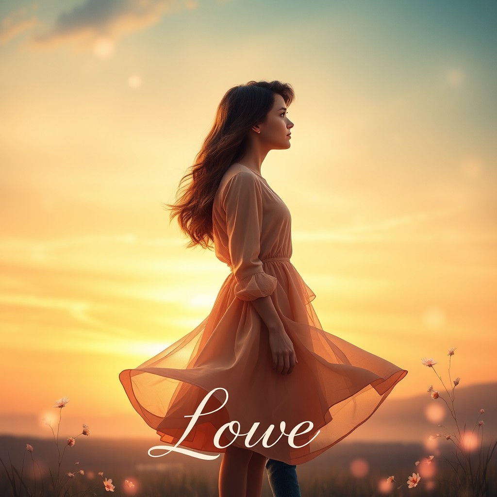 A romantic movie poster featuring a serene sunset backdrop with two main characters: a boy and a girl standing close together, gazing into each other's eyes