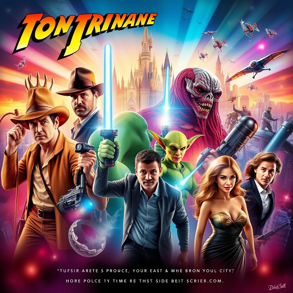 A vibrant and dynamic movie poster featuring an ensemble of famous film characters from various genres