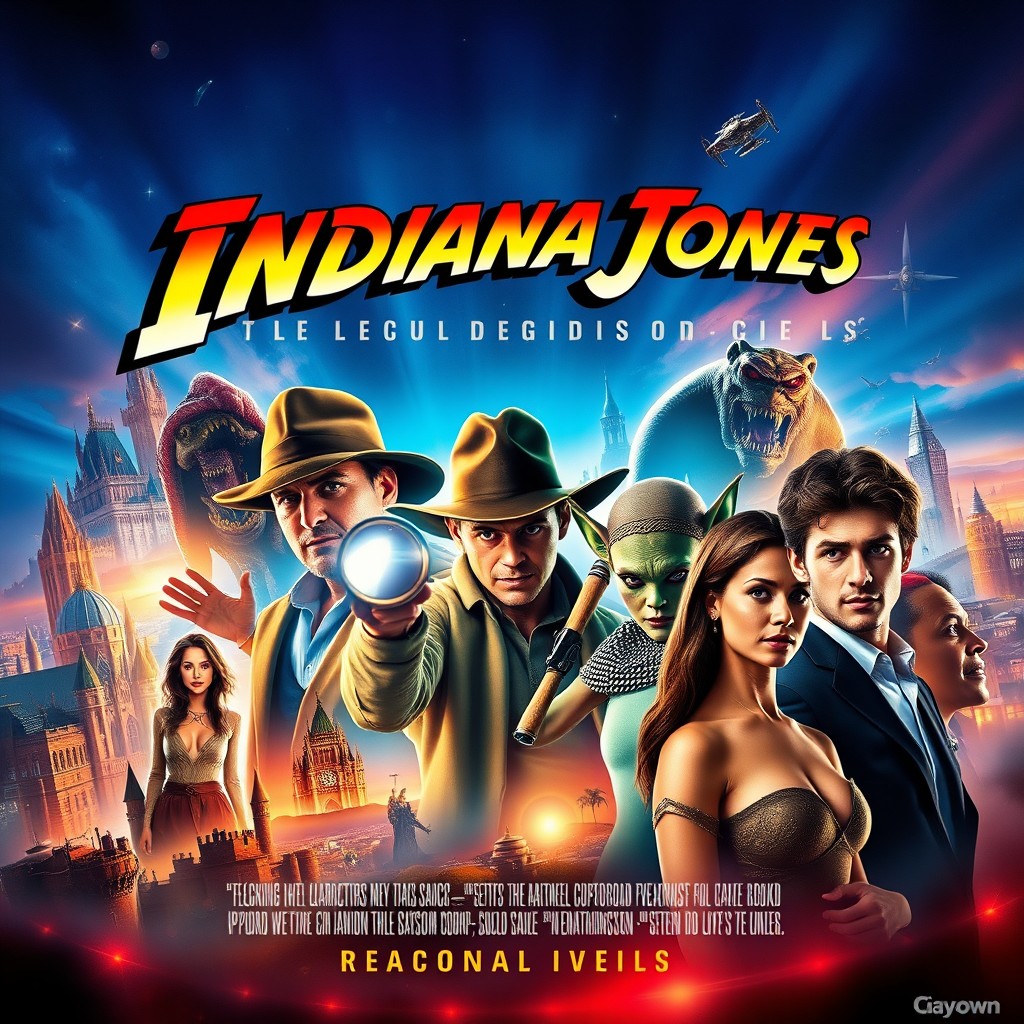 A vibrant and dynamic movie poster in a 3:2 aspect ratio featuring an ensemble of famous film characters from various genres, excluding Indiana Jones