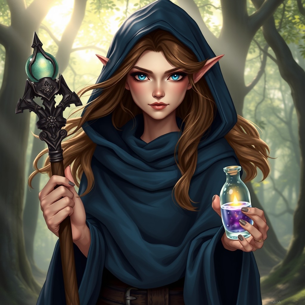 A female elf wizard with flowing brown hair and striking blue eyes, featuring a small scar under her left eye