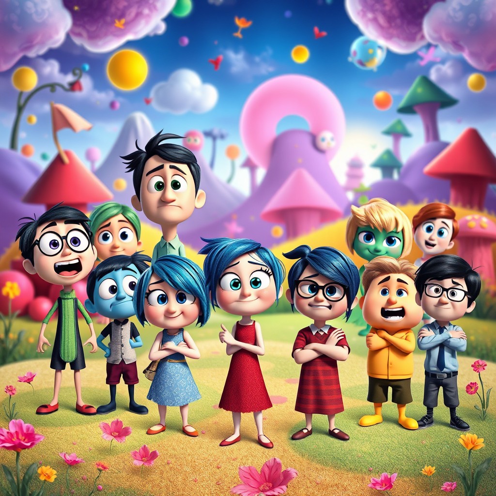 A vibrant and colorful scene featuring characters representing various emotions inspired by a movie like 'Inside Out'