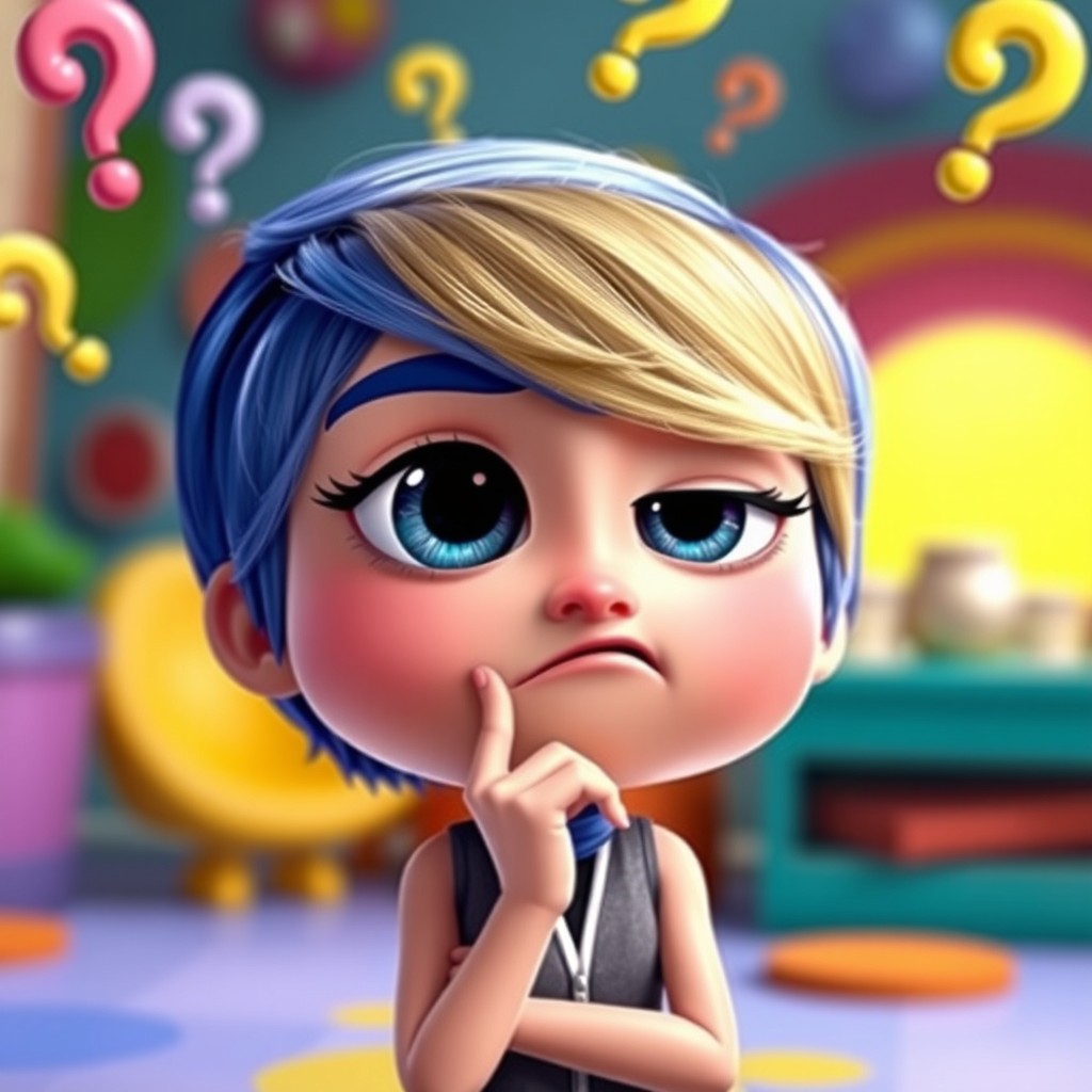 A colorful character inspired by the movie 'Inside Out', portraying the emotion of 'question' or 'query'