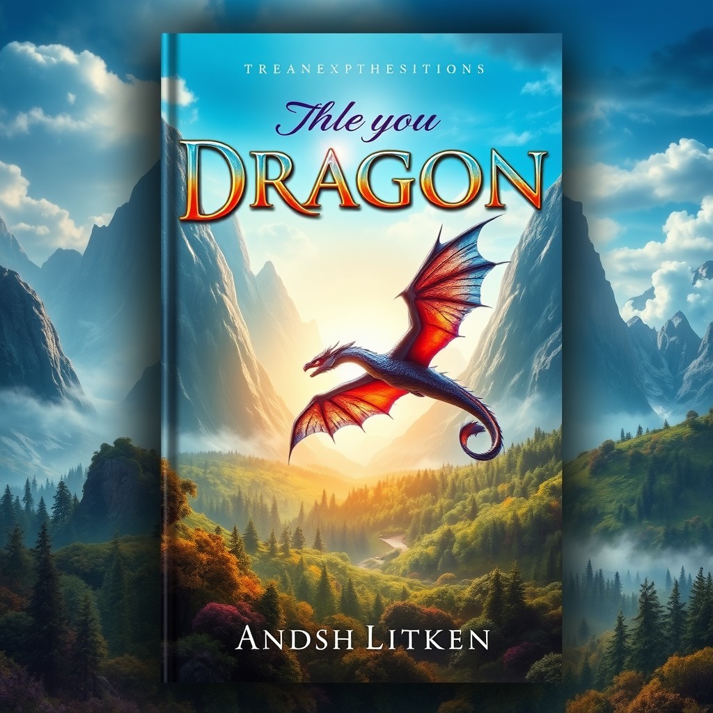 A captivating book cover design featuring an enchanting fantasy landscape with towering mountains and a mystical forest