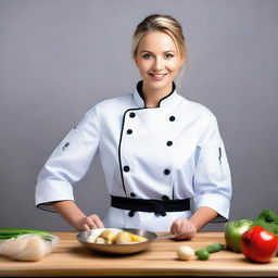 A girl in a professional and attractive chef's outfit