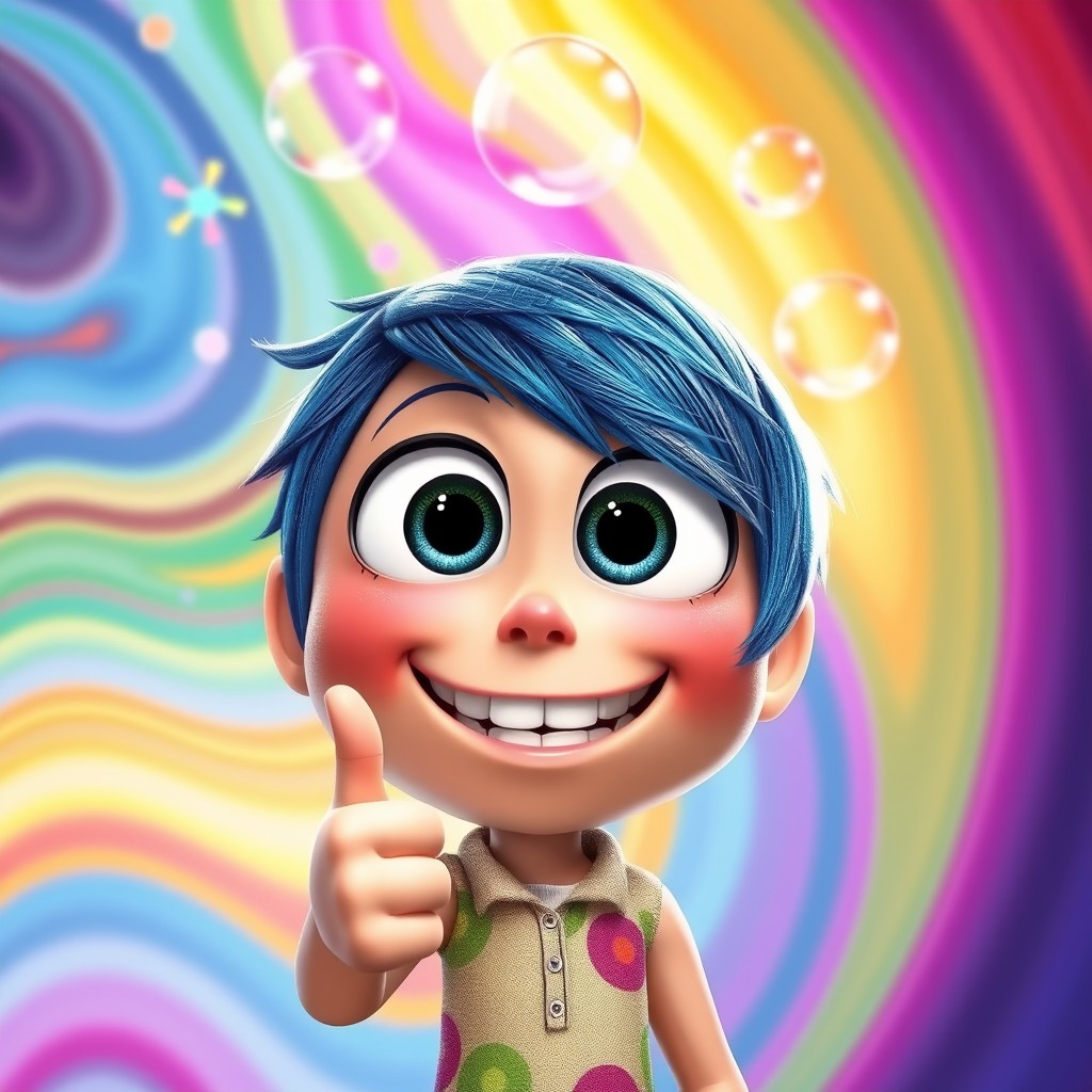A character from the movie 'Inside Out' with a cheerful expression giving a thumbs up