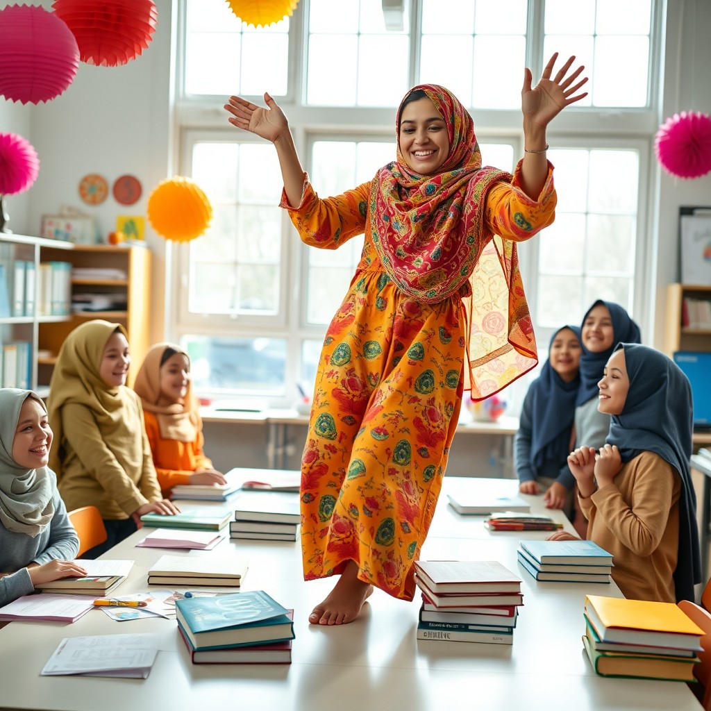 A lively scene of a female teacher wearing a colorful hijab joyfully dancing on a classroom table