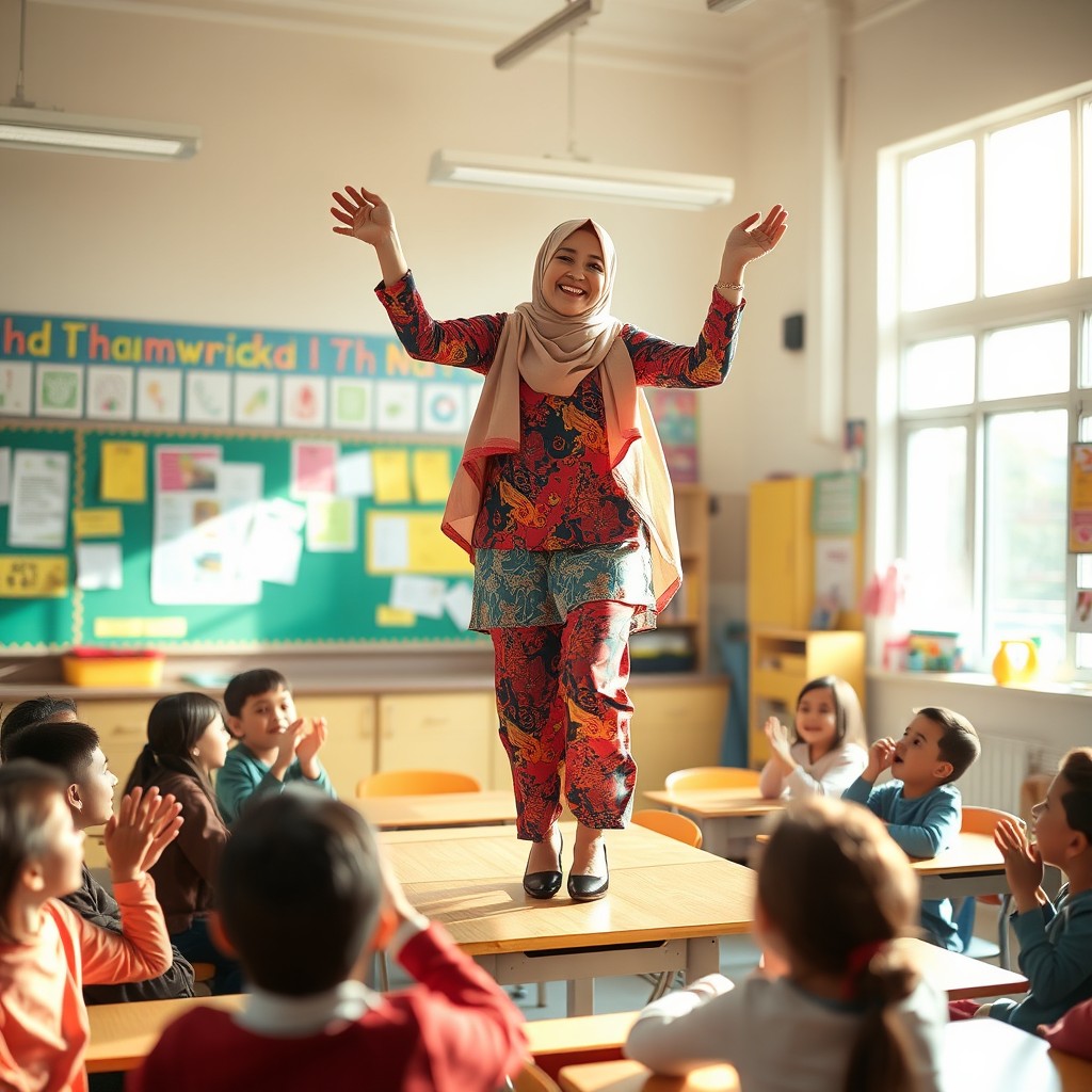A joyful hijab-wearing teacher dancing on a classroom table