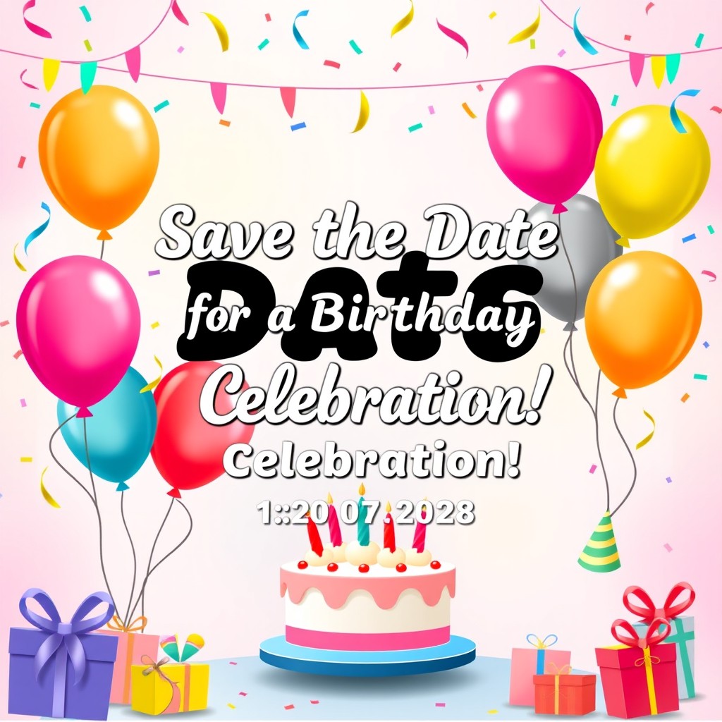 A vibrant and festive "Save the Date" birthday party invitation design featuring colorful balloons, confetti, and a celebratory cake