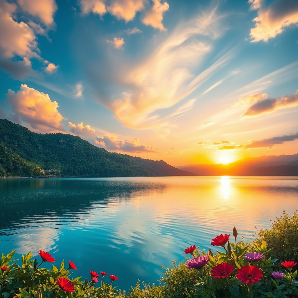 A vibrant and visually stunning composition showcasing a harmonious color palette featuring a blend of deep blues, soft pastels, and bright splashes of yellow, all seamlessly integrated to create a serene yet energetic atmosphere