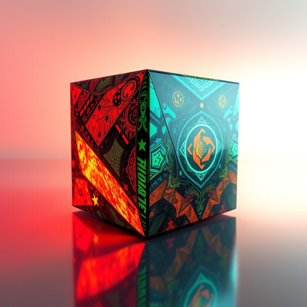 A stunning 3D geometric cube on a glossy surface reflecting light, designed with vibrant and contrasting colors, each side displaying intricate patterns and textures, creating an immersive visual experience