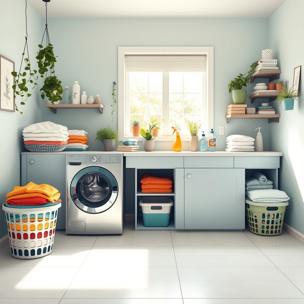 A bright and organized laundry room, featuring a modern washing machine and dryer side by side, neatly arranged laundry baskets filled with colorful clothes, a countertop stacked with neatly folded towels and laundry detergent bottles