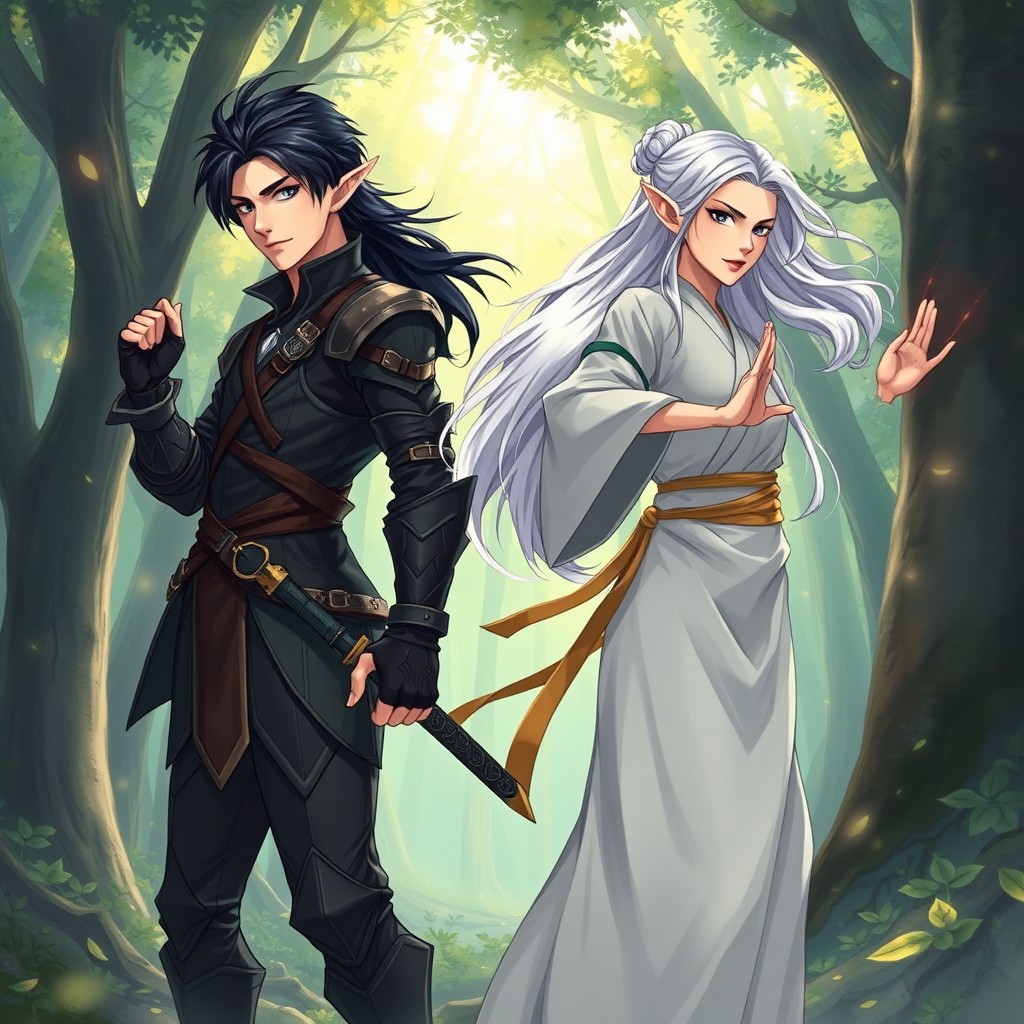 A dynamic illustration of twin siblings, a brother and sister, both of elven descent