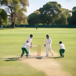 Cricket players actively engaged in a game on a lush green playing ground under a bright sunny sky.