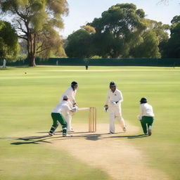 Cricket players actively engaged in a game on a lush green playing ground under a bright sunny sky.