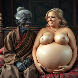 Sitting on a medieval bed in a richly decorated medieval room, an elderly Black woman with very dark skin, short stature, and visible signs of malnutrition shows her decayed teeth