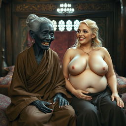 Sitting on a medieval bed in a richly decorated medieval room, an elderly Black woman with very dark skin, short stature, and visible signs of malnutrition shows her decayed teeth