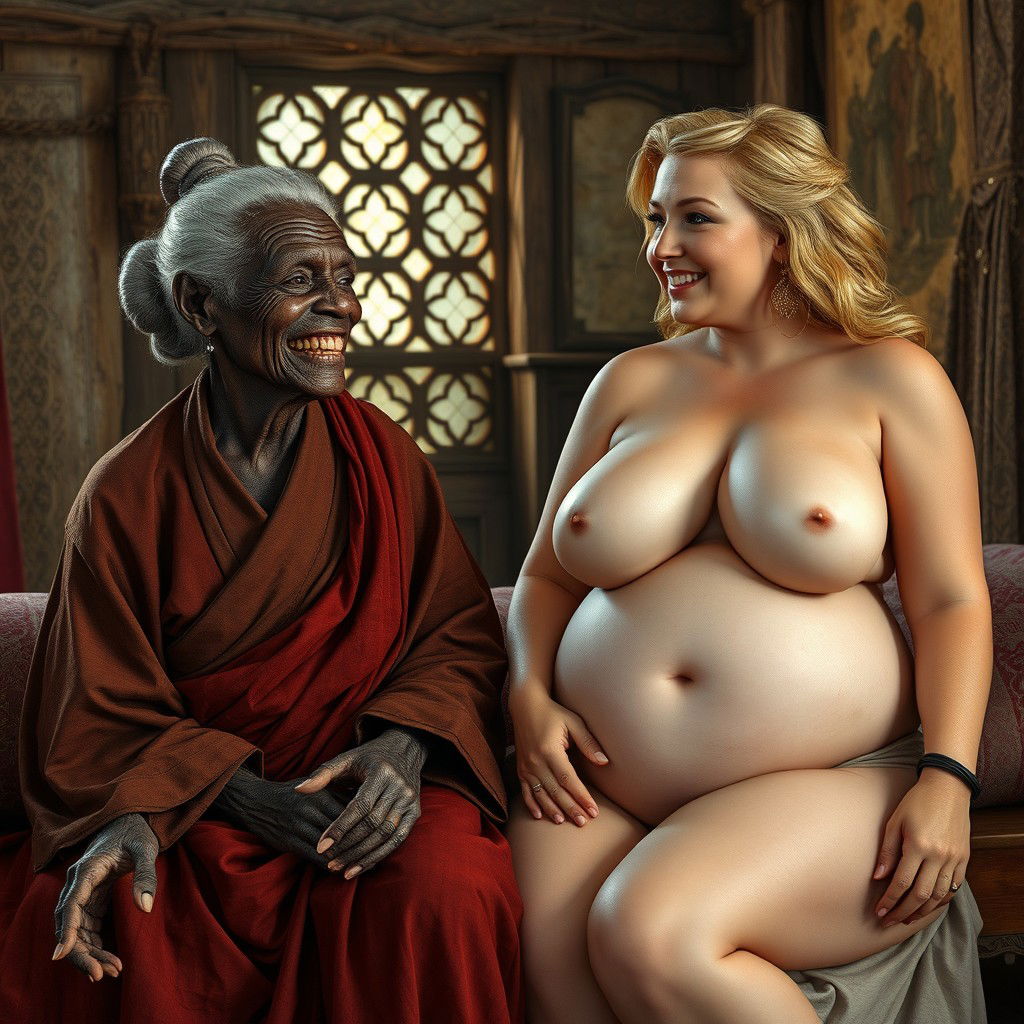 Sitting on a medieval bed in a beautifully detailed medieval room, an elderly Black woman with very dark skin, short stature, and visible signs of malnutrition displays her decayed teeth while wearing a long, closed Buddhist robe