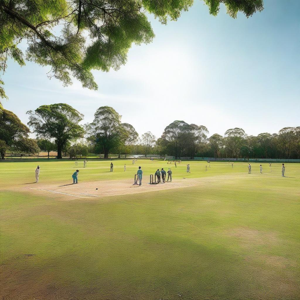 Cricket players actively engaged in a game on a lush green playing ground under a bright sunny sky.