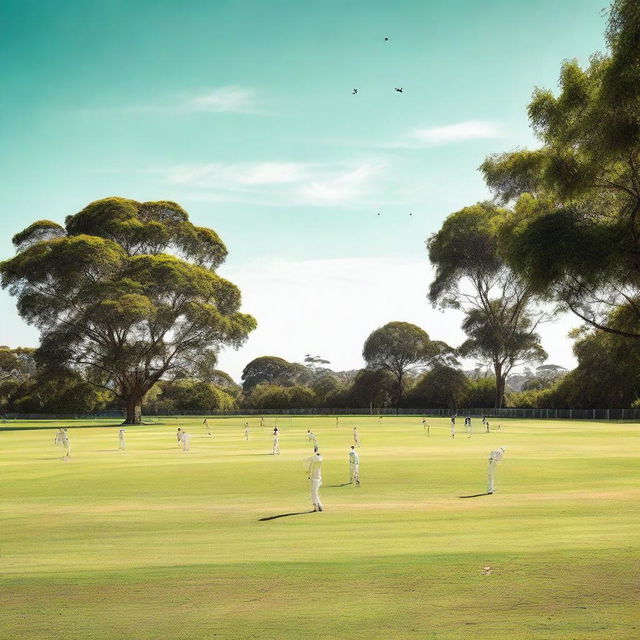 Cricket players actively engaged in a game on a lush green playing ground under a bright sunny sky.