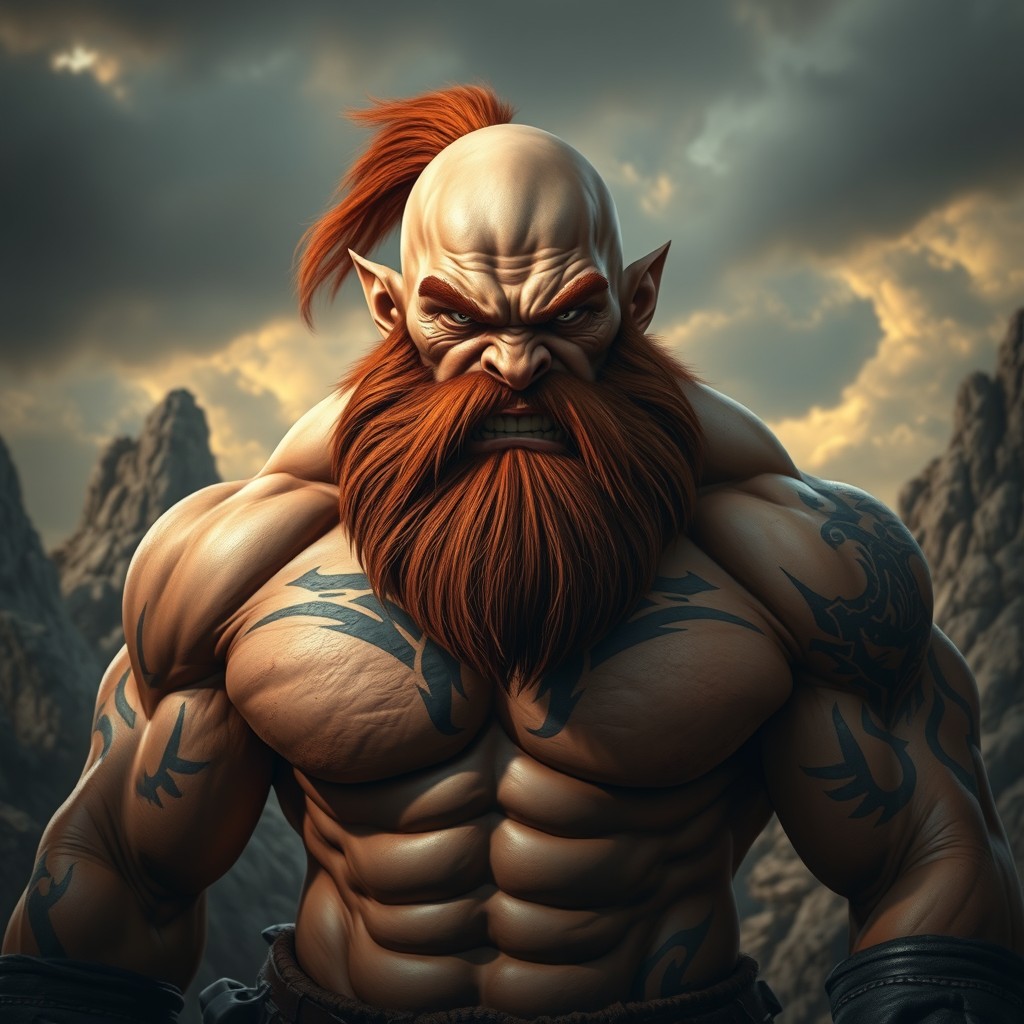 A powerful bald ork with tan skin and a full red-brown beard, showcasing a fierce expression