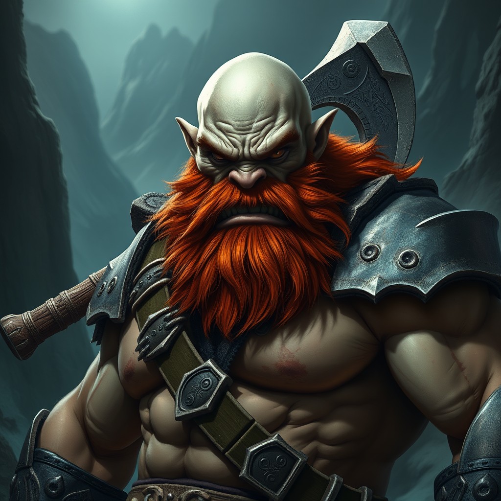 A fierce and muscular orc with bald head showcasing a rich red-brown beard, with rugged facial features and fierce expression