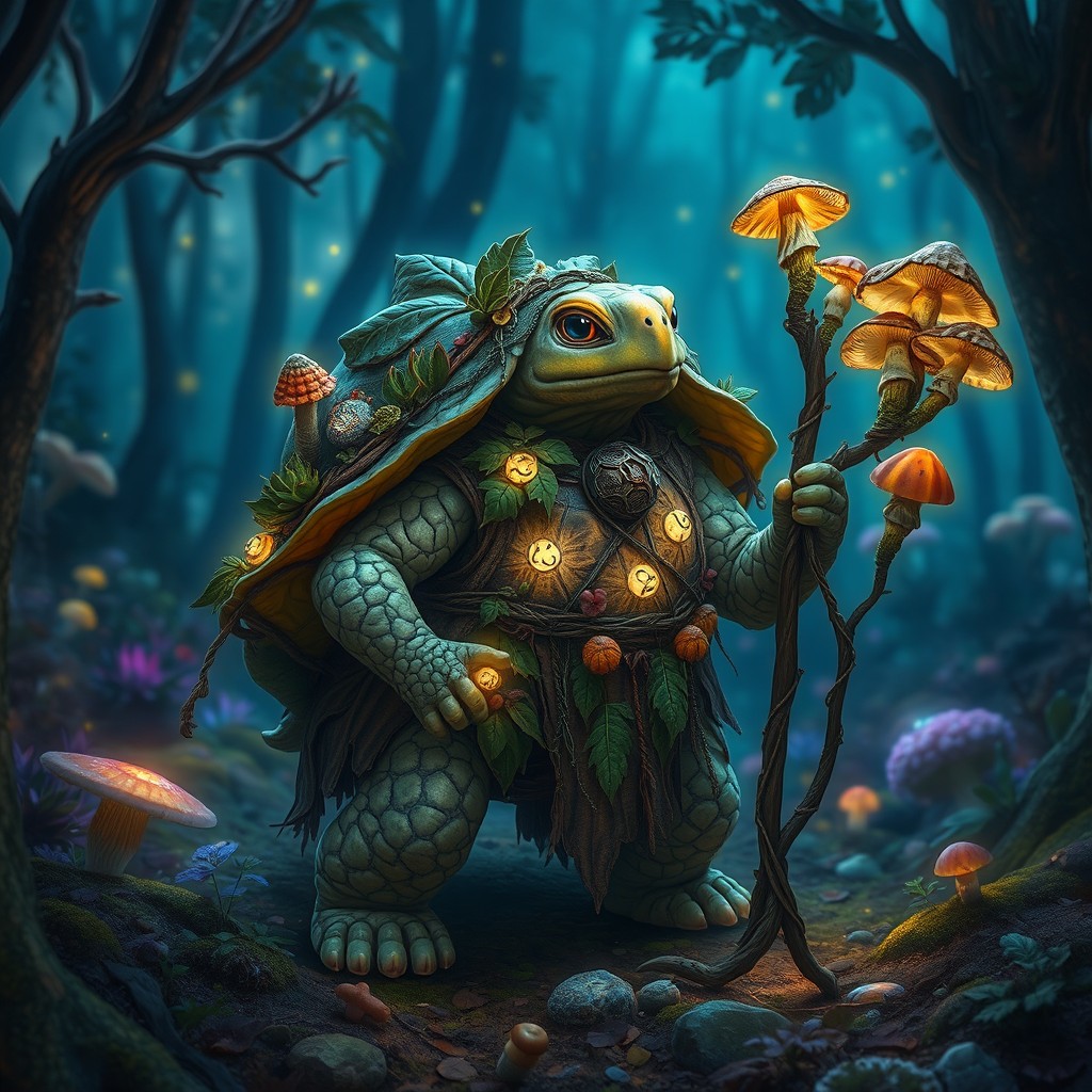 A mystical tortle druid of spores, clad in natural garb made of leaves, mushrooms, and organic materials