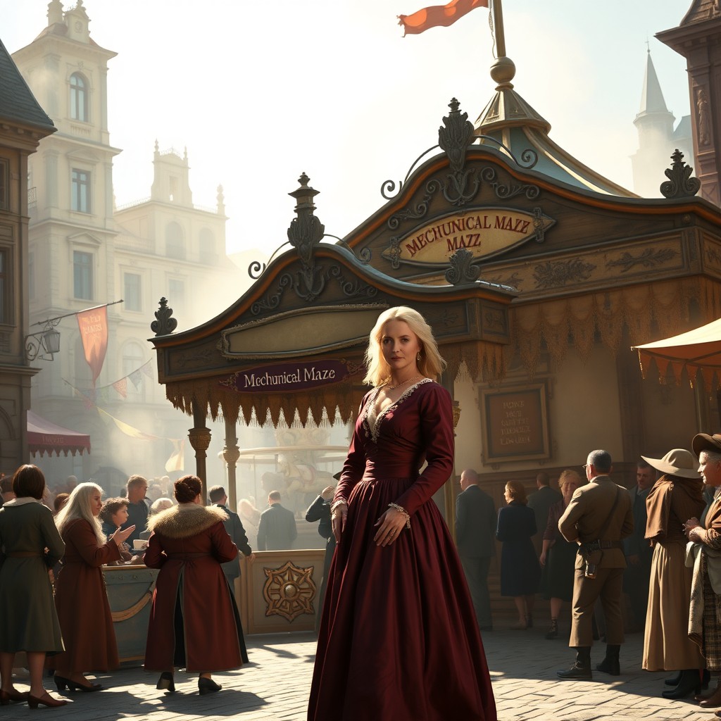 A bustling 1771 town square called "Old Market Square" in the morning sunlight