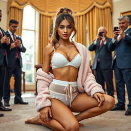 Set in the iconic Oval Office, this striking image depicts an 18-year-old Arabic woman with a captivatingly thin and petite figure, characterized by her slim breasts, tiny waist, and very wide hips