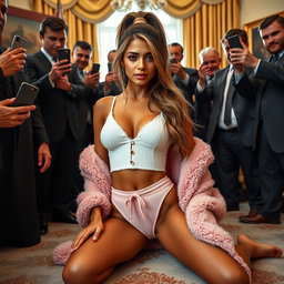 In the opulent setting of the Oval Office, this intriguing image features an 18-year-old Arabic woman with a stunningly thin and petite figure, defined by her slim breasts, tiny waist, and very wide hips