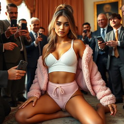 In the influential setting of the Oval Office, this striking image features an 18-year-old Arabic woman with an enchanting thin and petite physique, characterized by her slim breasts, tiny waist, and very wide hips