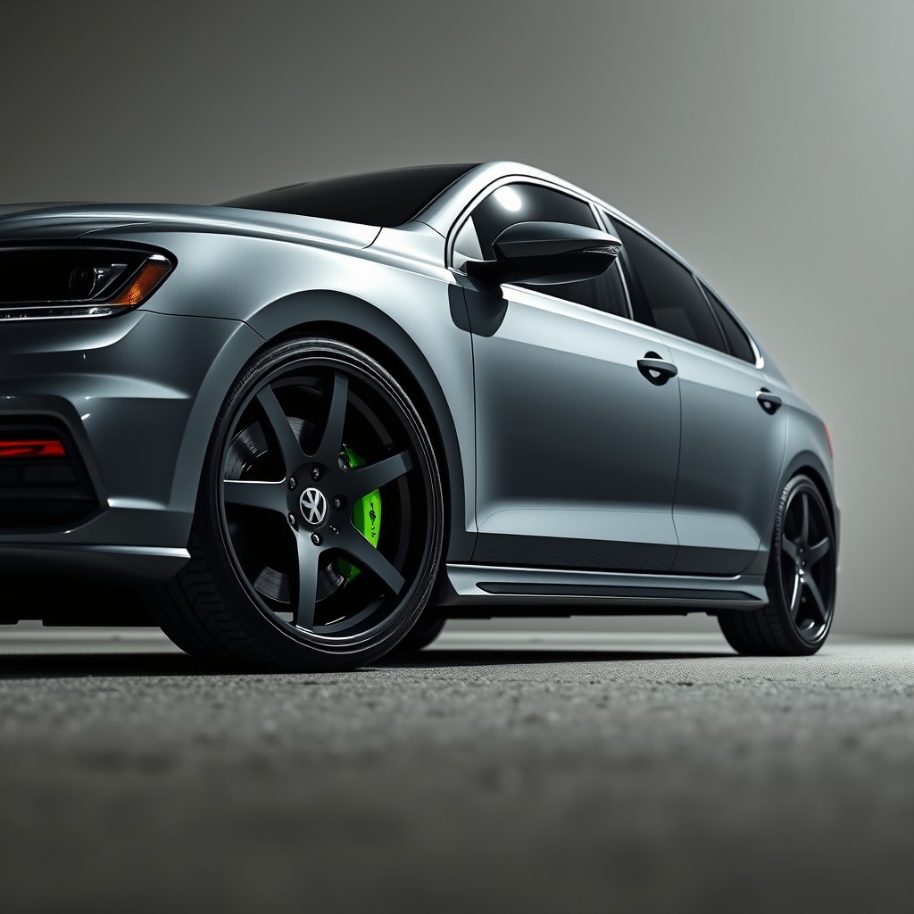 A realistic, high-quality image of a gray Nardo Jetta MK6 parked, featuring 18-inch wheels with low-profile tires