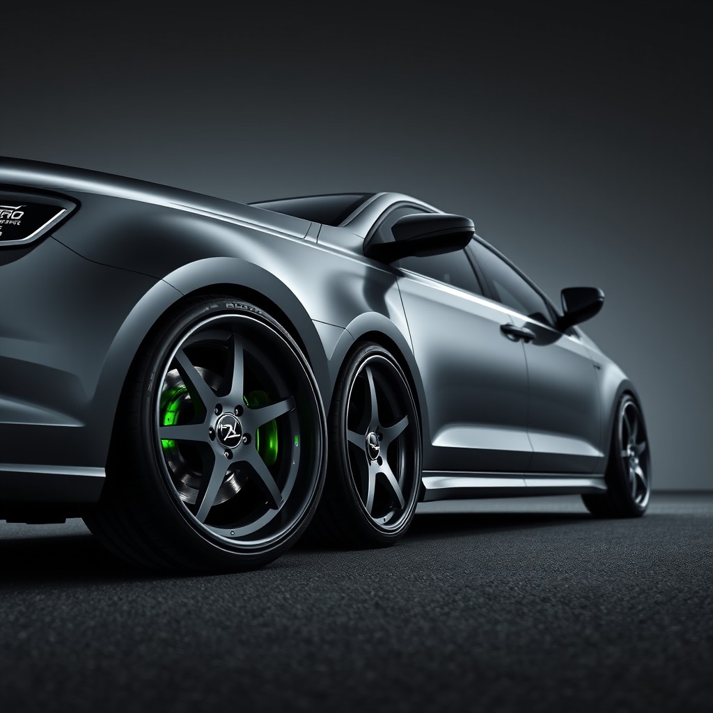 A realistic, high-quality image of a gray Nardo Jetta MK6 parked, featuring 18-inch wheels with low-profile tires