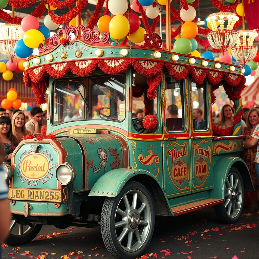 An old carnival car adorned with colorful decorations, featuring vibrant patterns and vintage elements