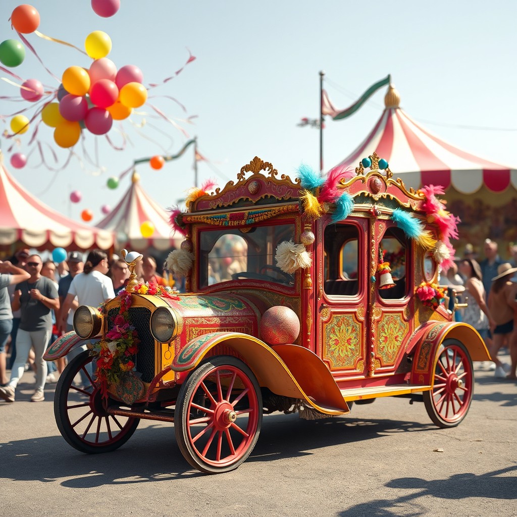A vintage carnival car, intricately designed with colorful decorations and patterns, set against a festive carnival background