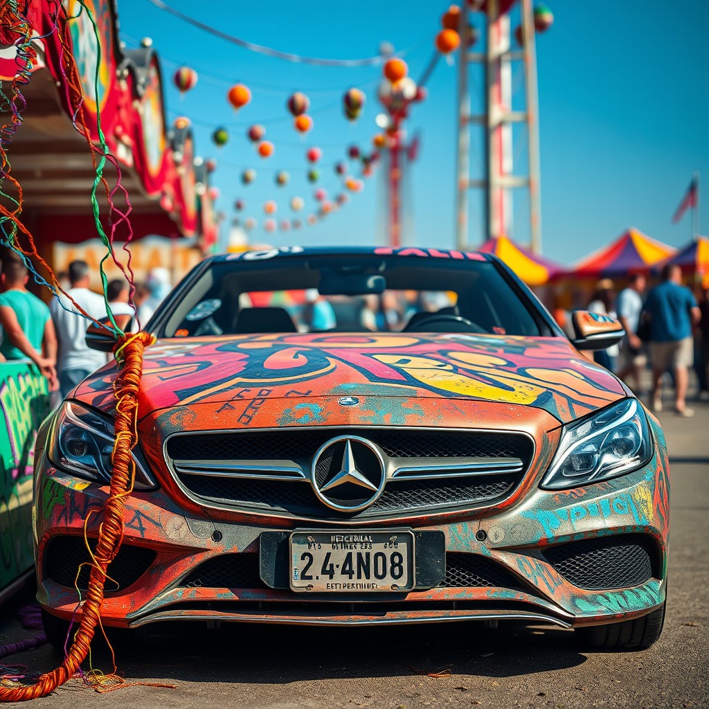 An abandoned Mercedes Benz car at a carnival, showcasing vibrant graffiti all over its exterior