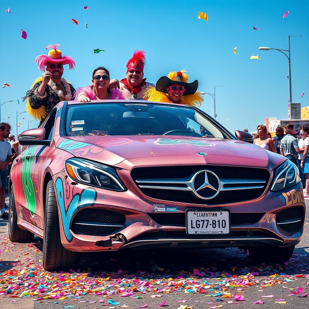A damaged Mercedes-Benz decorated with vibrant graffiti, being driven by carnival performers dressed in flamboyant costumes